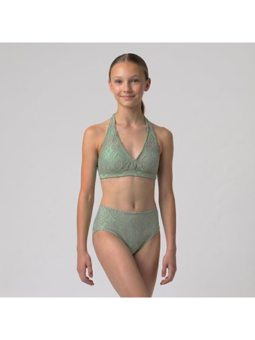 Girl's Custom Dance Costume Seafoam Green with Lace Top & Briefs in size 12-14